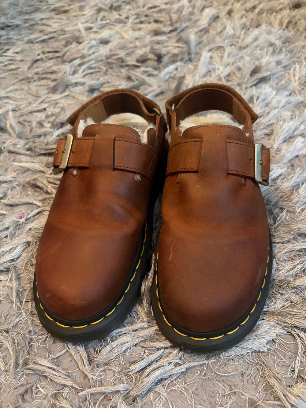 Dr. Martens Brown Leather Buckle Clog Sandals with Yellow Stitching